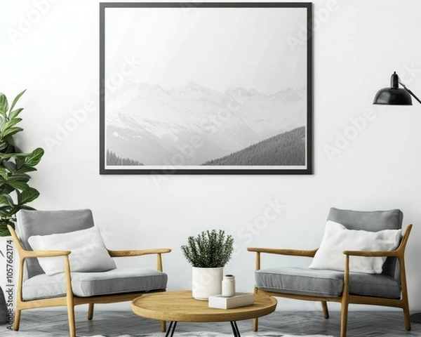 Fototapeta poster mockup Stylish and scandinavian living room interior of modern apartment 