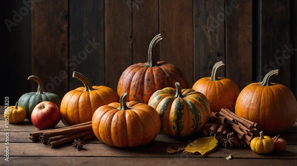 Fototapeta An autumn-themed still life with a variety of pumpkins, apples, cinnamon sticks, and fall leaves arranged on a wooden table