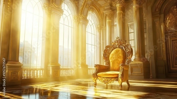 Fototapeta majestic throne room featuring an ornate golden chair, surrounded by opulent decor. light streams in from grand windows, illuminating the rich colors and textures of this regal space