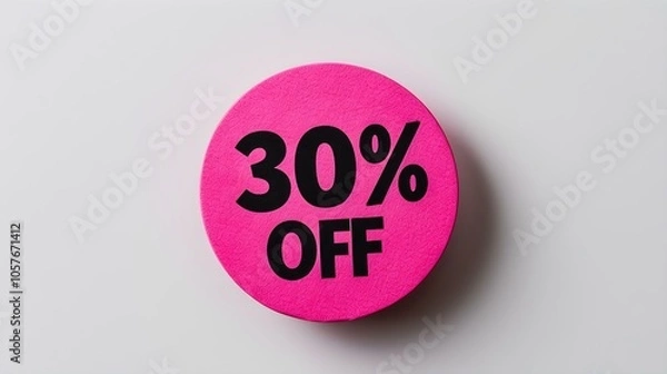 Obraz Black '30% OFF' Text on a Hot Pink Round Paper Note. White Background with Copy Space