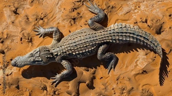 Fototapeta Top view of a crocodile on the ground in a desert landscape