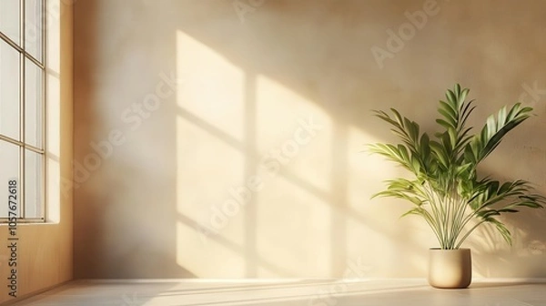 Fototapeta minimalist interior featuring a beige wall bathed in warm sunlight streaming through a window, creating a calming atmosphere that emphasizes simplicity and elegance