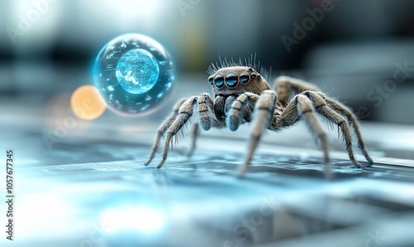 Fototapeta A close-up of a spider on a surface with a glowing orb nearby.