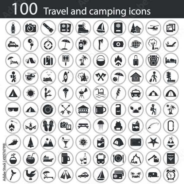 Fototapeta Set of one hundred travel and camping icons