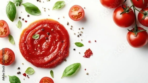 Fototapeta organic tomato paste artistically smeared with vibrant vegetable pieces, presenting a top view of a rich texture, emphasizing freshness and culinary creativity against a white backdrop
