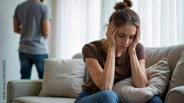 Obraz A woman sits on a couch, visibly distressed, while a man stands in the background, creating a tense atmosphere. Image is ideal for articles on relationship issues, mental health, and emotional support