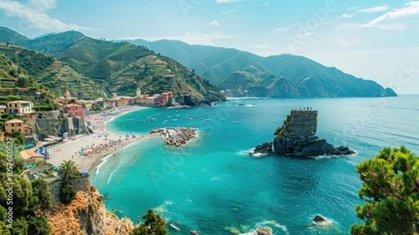 Fototapeta A panoramic view of the beach, with houses and people on it