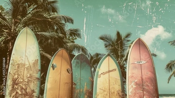 Fototapeta A vintage-style photo of surfboards leaning against palm trees on the beach