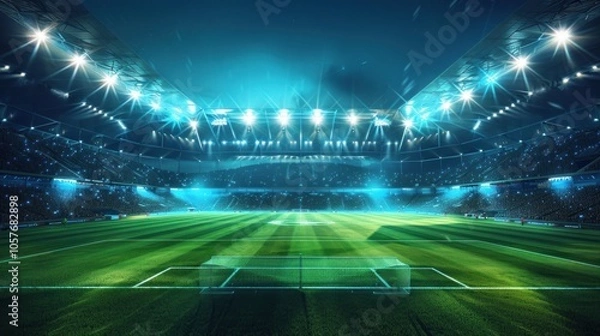 Fototapeta A large soccer stadium at night, illuminated by bright lights and filled with cheering fans.