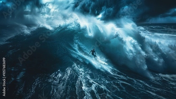 Fototapeta A surfer riding a huge wave in islands, shown in a wide shot with a wide lens