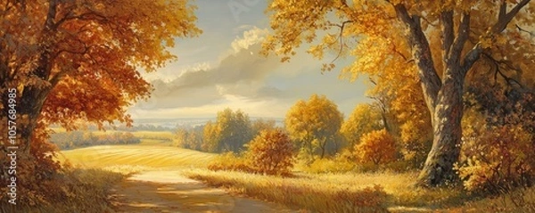Obraz Golden autumn landscape with trees, path and fields