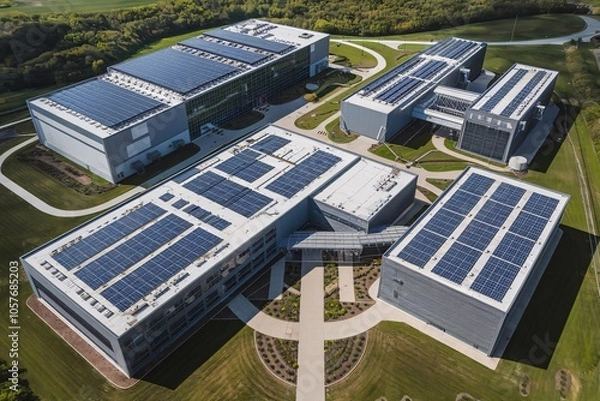 Fototapeta An aerial photo of a large-scale data center with solar panels on the roof, surrounded by greenery.