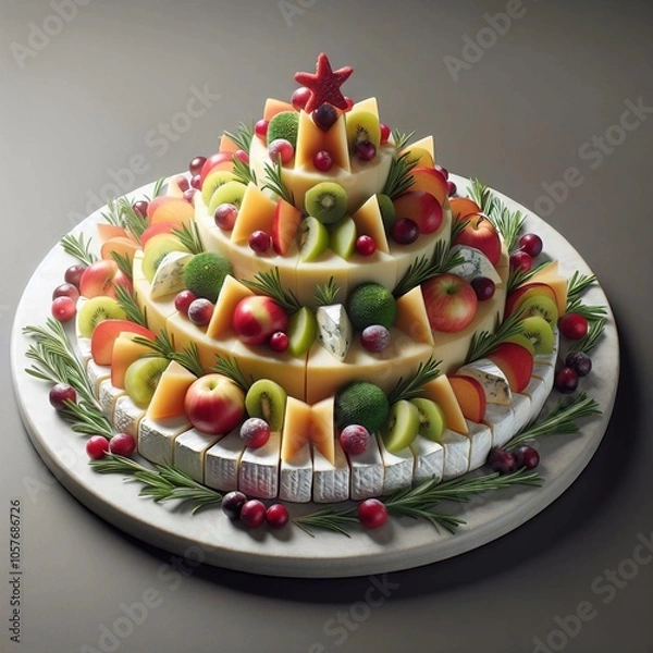 Fototapeta A festive cheese and fruit platter shaped like a Christmas tree, a creative and delicious centerpiece.