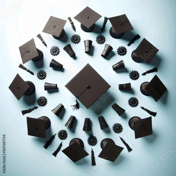 Fototapeta A circle of graduation caps arranged in a radial pattern, a celebratory symbol of achievement.
