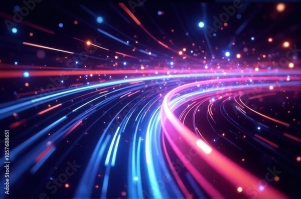 Fototapeta Futuristic abstract background with fast-moving golden, pink, and blue neon waves and glowing bokeh lights, symbolizing data transfer. Ideal for a vibrant, imaginative backdrop