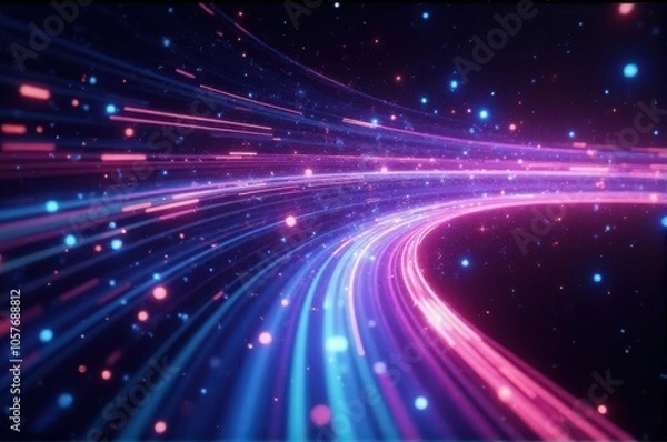 Fototapeta Abstract, futuristic background featuring golden, pink, and blue neon waves moving at high speed with glowing bokeh lights, representing a data transfer concept