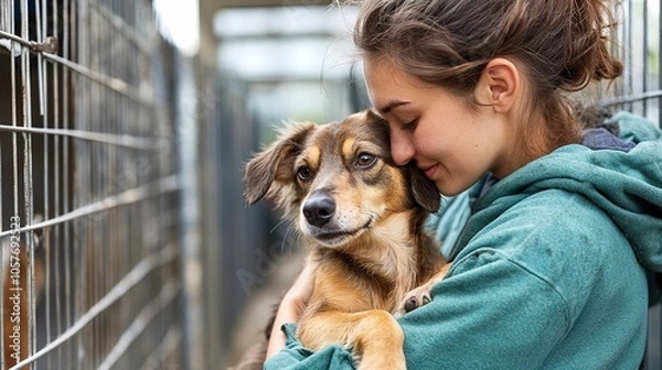 Fototapeta A volunteer comforting a rescued dog in an animal shelter, with rows of cages visible in the background.