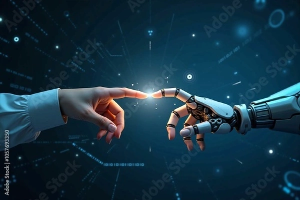 Obraz Futuristic Human and Robot Hand Connection - Exploring the Boundaries of Artificial Intelligence and Humanity