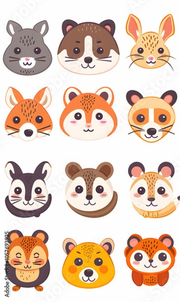 Fototapeta A set of 12 cute animal faces, including rabbit, fox, hamster, and squirrel, with different colors and expressions.
