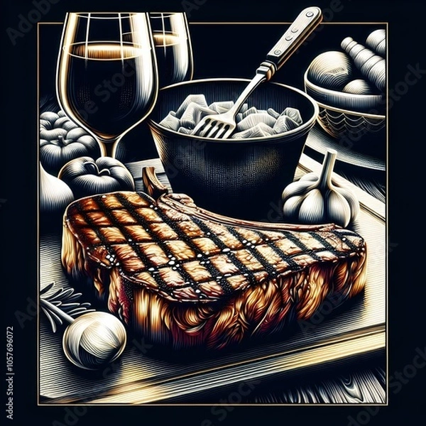 Fototapeta A grilled steak on a wooden board with wine glasses, ice, and vegetables, creating a culinary scene.