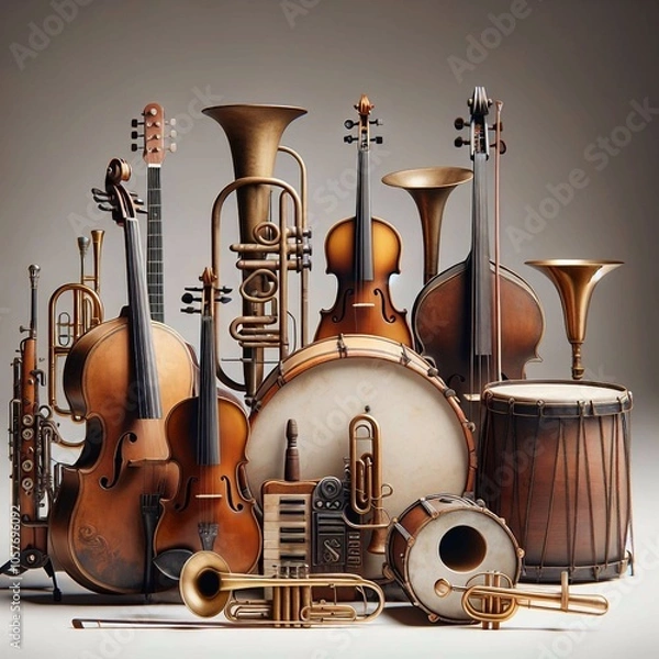 Fototapeta A collection of musical instruments, including violins, trumpets, drums, and a keyboard.