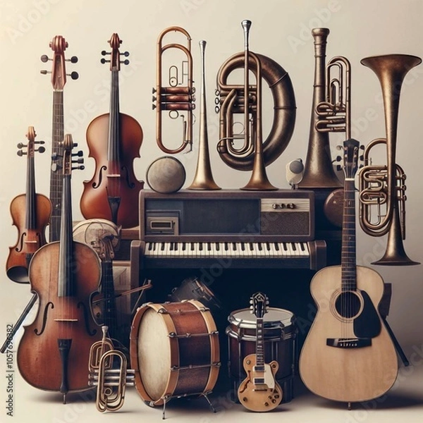 Fototapeta A collection of musical instruments arranged in a group on a neutral background.