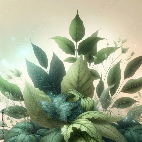 Fototapeta Green leaves and branches filter soft golden light, creating a peaceful scene.