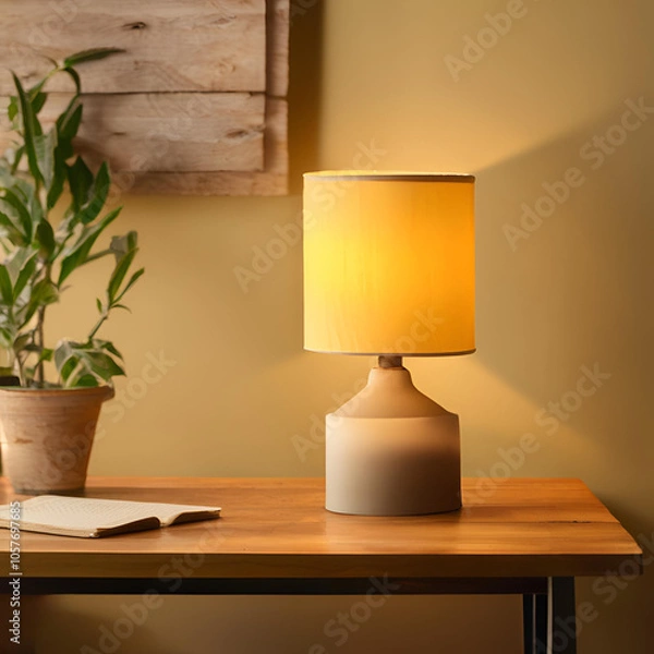 Fototapeta Abajur aceso em mesa de madeira.