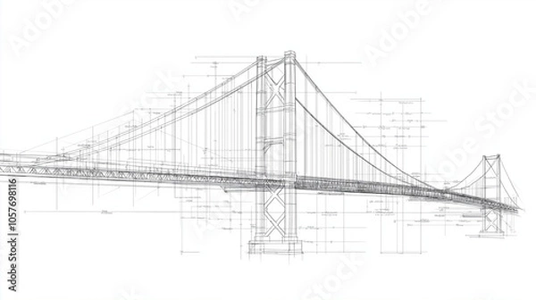 Fototapeta Golden Gate Bridge Blueprint: A minimalist, technical drawing of the iconic Golden Gate Bridge, showcasing its intricate design and engineering marvel.  