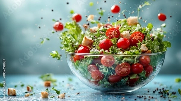 Obraz Fresh salad exploding with croutons and cherry tomatoes