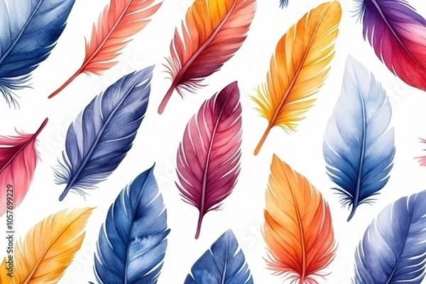 Fototapeta A vibrant arrangement of colorful watercolor feathers on a white background.