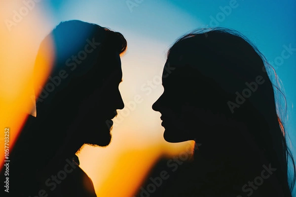 Fototapeta A couple stands close, sharing an intimate moment as they gaze deeply into each other's eyes, framed by the warm hues of sunset. The soft silhouettes create a romantic atmosphere. Generative AI