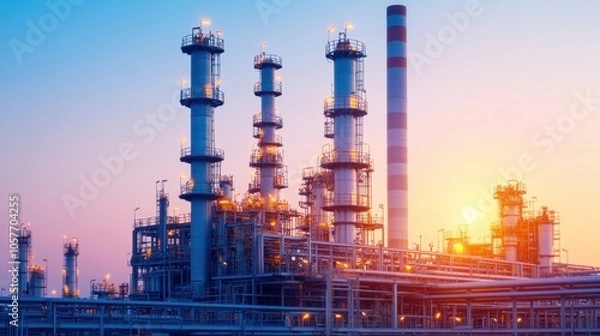 Fototapeta Large Oil Refinery with Complex Pipelines at Sunset
