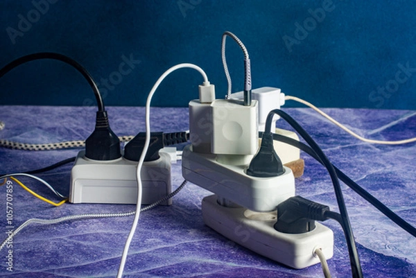 Fototapeta Close-up of many sockets, plugs and chargers.