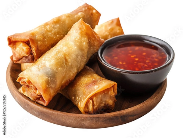 Obraz Delicious spring rolls served with spicy dipping sauce, wooden plate, white isolate background.