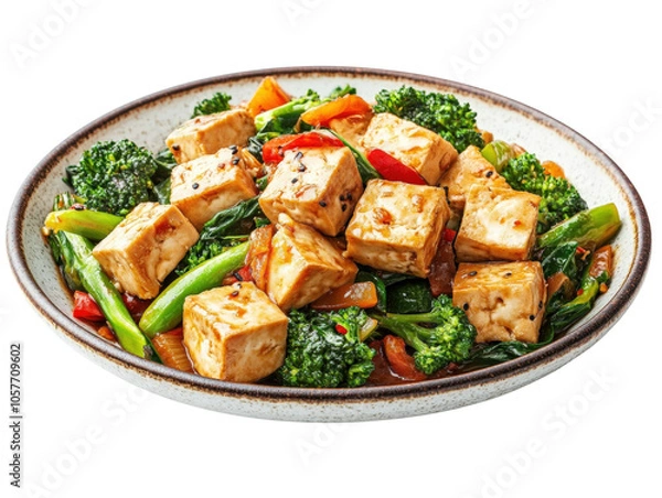Obraz Delicious tofu stir-fry with vegetables on a white isolate background.
