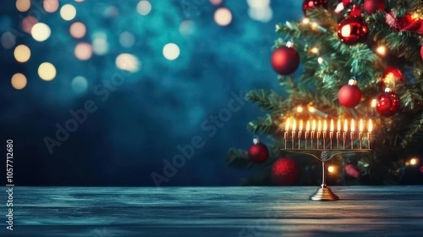 Fototapeta Glowing menorah in front of a decorated Christmas tree, bright and festive