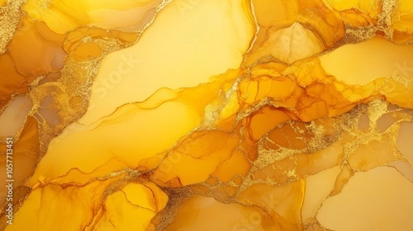 Fototapeta Yellow and gold alcohol ink painting creating abstract fluid art background