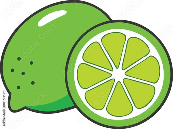 Obraz Fresh Lime Illustration with Slice Detail, Colorful illustration of a whole lime and a lime slice, showcasing vibrant green hues and citrus detail for food concepts.