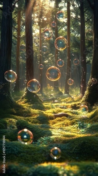 Obraz Soap bubbles floating in an enchanted forest at sunset