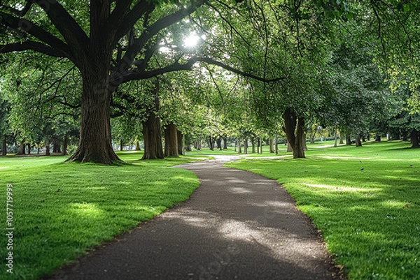 Obraz Path in a park with trees on either side. The path is surrounded by grass and is shaded by the trees