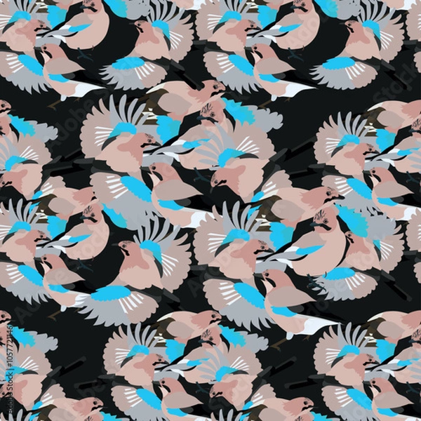 Fototapeta Eurasian jay seamless pattern on black forest bird stock vector illustration for web, for print, for fabric print