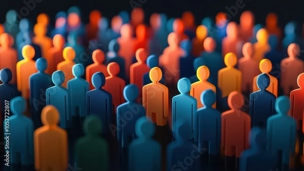 Fototapeta A colorful crowd of small, abstract human figures represents diversity and community, creating a vibrant illustration of togetherness.