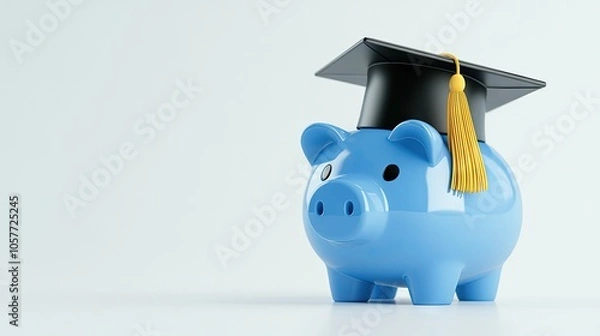 Obraz A blue piggy bank wearing a graduation hat symbolizes saving for education and celebrates academic achievement in a minimalist setting