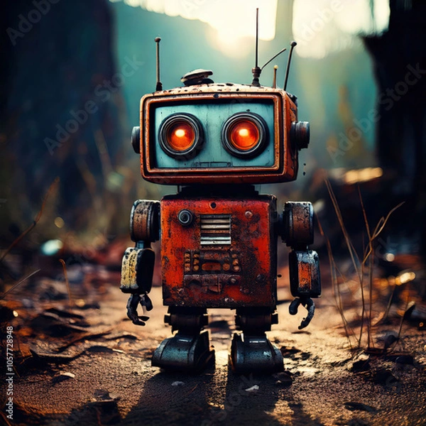 Fototapeta A small, rusty, old, vintage robot with a television as its head and two red LED lights for eyes.

