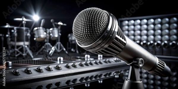 Fototapeta Microphone Close-up in a Recording Studio with Drum Set and Soundboard in the Background