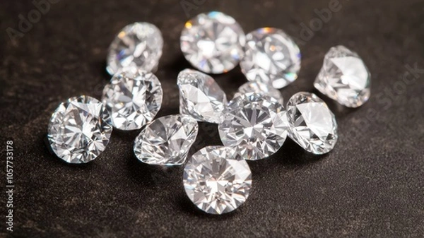 Fototapeta A cluster of sparkling, cut diamonds showcases brilliance and clarity against a dark background.