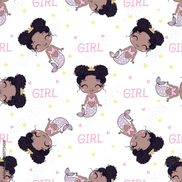 Obraz Mermaids girls vector pattern. Cute cartoon card with little mermaid seamless pattern. Fish, mermaid under the sea cartoon style