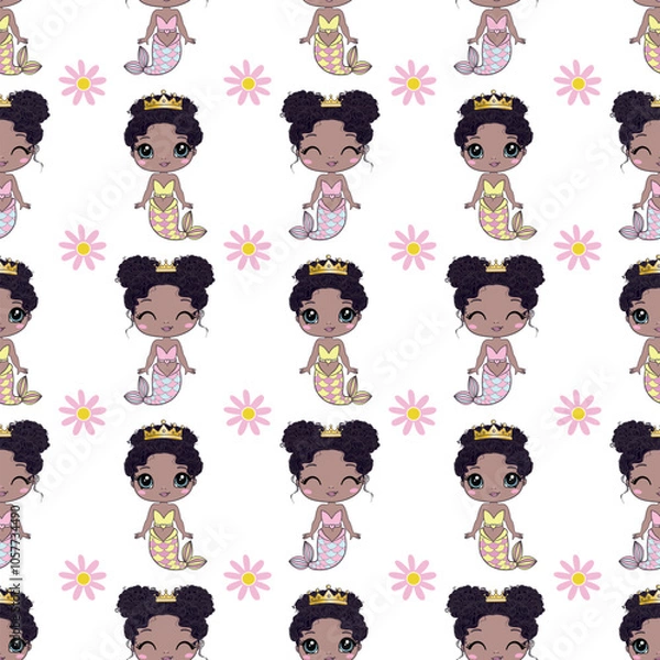 Obraz Mermaids girls vector pattern. Cute cartoon card with little mermaid seamless pattern. Fish, mermaid under the sea cartoon style
