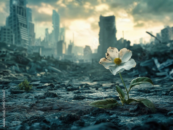 Fototapeta In a desolate urban landscape, a single white flower stands resilient against the backdrop of crumbling buildings and a moody sky, symbolizing hope.